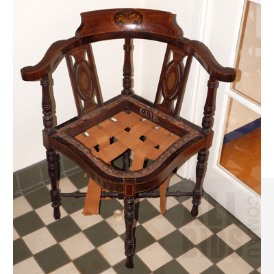 Late Victorian String Inlaid Mahogany Corner Chair, Circa 1880