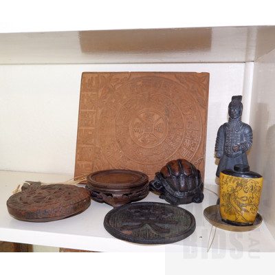 Chinese Carved Timber Calendar, Modern Chinese Terracotta Warrior, Chinese Stained Hardwood Vase Stand and More