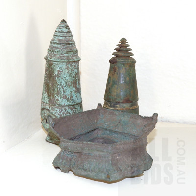 Two Ancient Cambodian Bronze Stupa Form Lime Containers Bayon Period 12th/13th Century, and Another Bronze Fragment