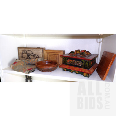 Collection Carved and Painted Curio Boxes, Hand Made Indian Mirrored Textile and More