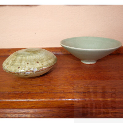 Asian Glazed Stoneware Box and an Asian Celadon Glazed Conical Bowl
