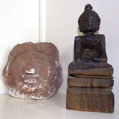 Cambodian Painted and Carved Volcanic Composite Head and South East Asian Carved Hardwood Deity