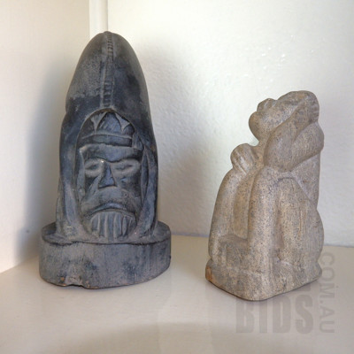 Lombok Stone Carving of Sasak and Another Borneo Carved Hardwood Figure