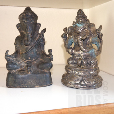 Cast Bronze Figure of Ganesh and Another Silvered Metal Figure of Ganesh
