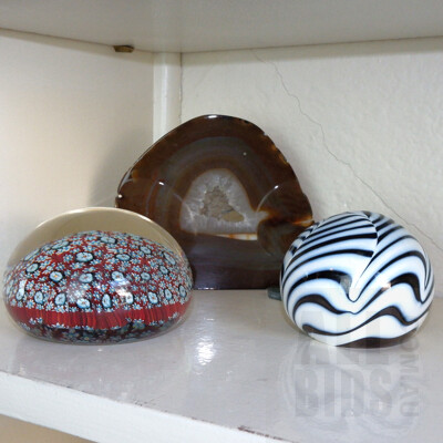 Agate Slice, Millefiori Glass Paper Weight and Another Signed Art Glass Paperweight