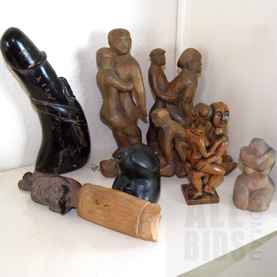 Collection Phallic and Erotic Carved Stone, Hardwood and Ceramic Figures