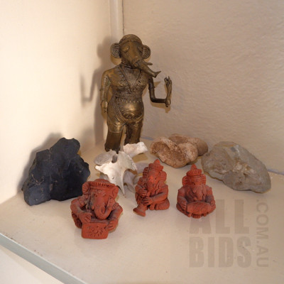 Indian Cast Brass Figure of Ganesh, Three Small Terracotta Figures of Ganesh, Fossil and More