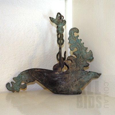 South East Asian Cast Metal Hanging Oil Lantern with Bird Finial