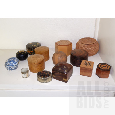 Collection Carved Timber, Lacquer, Woven Fibre Containers Including Brian and Stephanie Kille Example and WA Grass Tree Root Box