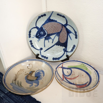 19th Century Chinese Blue and White Ceramic Dish and Two French Tin Glaze Dishes