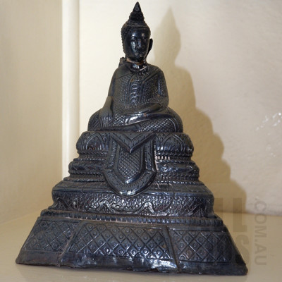 South East Asian Pressed and Engraved Metal Seated Buddha on Lotus Base