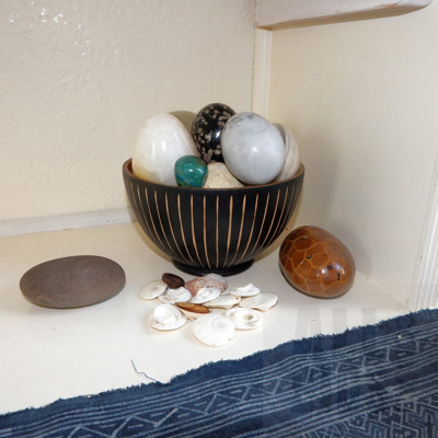 Collection of Polished Stone and Glass Eggs and Shell Operculum