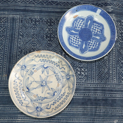 19th Century Chinese Blue and White Dish with a Central Buddhist Emblem and Antique Thai Blue and White Dish