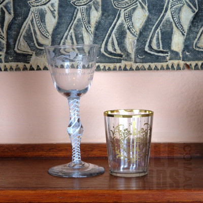 Georgian Handblown Cordial Glass with Air Twist Stem and European Gilt Tumbler