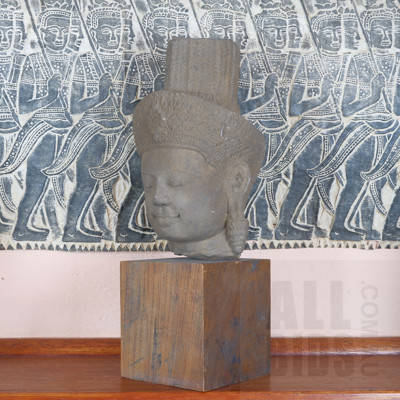 Cambodian Khmer Style Carved Stone Bust on Teak Base