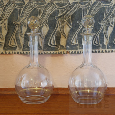 Pair Antique Monogramed Cut Crystal Decanters with Stoppers