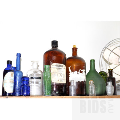 Collection Antique and Vintage Bottles Including Schott and Gem Alcohol Bottle and Two Amber Glass Ethanol Bottles