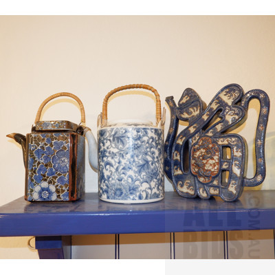 Three Contemporary Asian Glazed Ceramic Teapots
