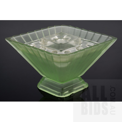 Vintage Uranium Glass Diamond Shaped Mantle Vase with Frog