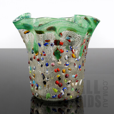 Vintage Murano Zecchin Studio Glass Bead Infused Vase  with Ruffled Edge - Marked to Base