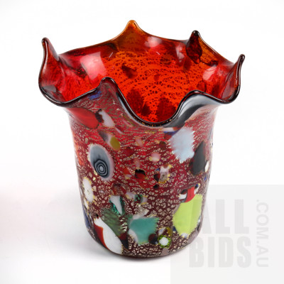 Vintage Murano Zecchin Red Studio Glass Vase with Ruffled Edge - Marked to Base