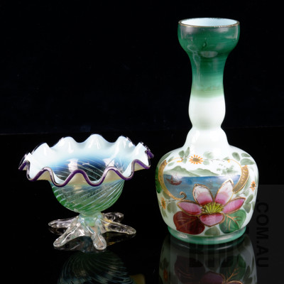 Vintage Studio Glass Dish with Milk Glass Ruffled Rim and a Hand Painted Victorian Milk and Green Glass Bud Vase (2)