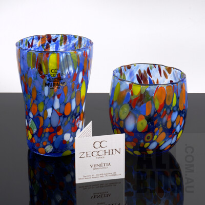 Two Vintage Blue Zecchin Murano Glass Mosaic Tumblers - Marked to Base (2)
