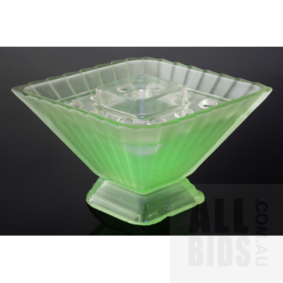 Vintage Uranium Glass Diamond Shaped Mantle Vase with Frog