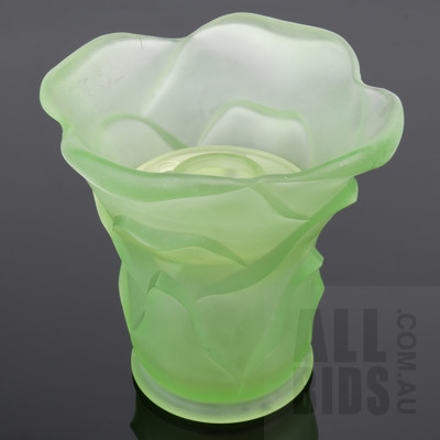 Vintage Uranium Glass Layered Petal Design Vase with Frog