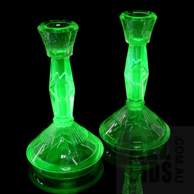 Vintage Pair of Uranium Glass Candlesticks