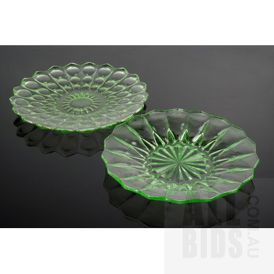 Two Matching Vintage Uranium Glass Serving Plates with Ruffled Edge (2)