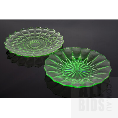 Two Matching Vintage Uranium Glass Serving Plates with Ruffled Edge (2)