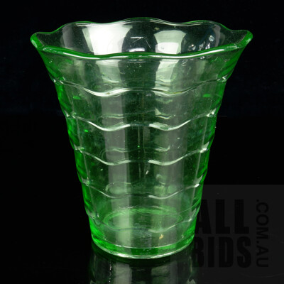 Vintage Tall Uranium Glass Rippled Vase with Scalloped Rim (2)