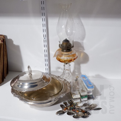 Vintage Glass Oil Lamp, Silverplate Tureen with Glass Liner and Assorted Collector Spoons