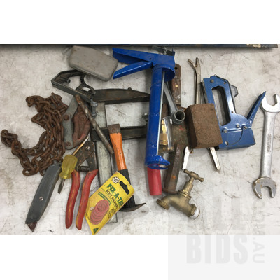Assorted Tools In Plastic Carrier Box And Long Sash Clamp