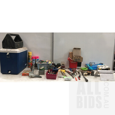 Assorted Tools, Line Marking Paint, Gap Filler, Esky, Flick Mixer Tap, Letter Box Fascia And Other Items