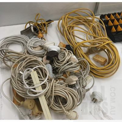 Assortment Of Electrical Fittings, Extension Leads, Work Light, Wood Saw, Claw Hammer And Screw Assortment In Box