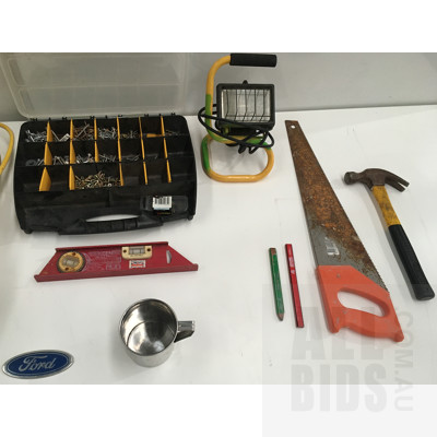 Assortment Of Electrical Fittings, Extension Leads, Work Light, Wood Saw, Claw Hammer And Screw Assortment In Box
