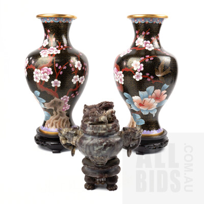 Chinese Carved Hardstone Censer with Foo Dog Handles and Two Large Cloisonne Vases with Stands