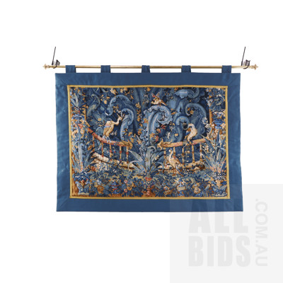 Vintage French Hand Crafted Woolen Tapestry Wall Hanging with Brass Hanging Rod and Fixtures