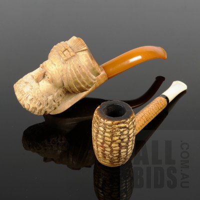 Meerschaum Pipe with Carved Mans Head and Bakelite Handle and a Vintage Corn Cob Pipe (2)