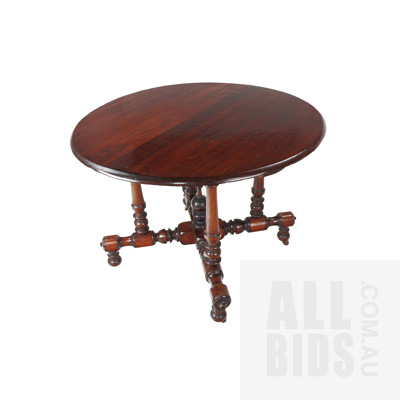 Antique Circular Table with Bobbin Turned Mahogany Base and Stained Pine Top and Brass Casters