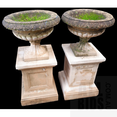 Pair of Vintage Classical Style Sandstone Garden Urns with Cast Composite Columns
