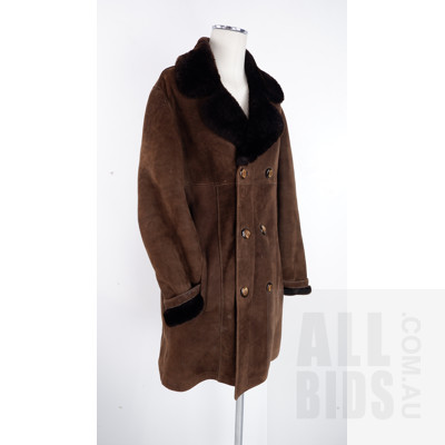 Vintage Dark Brown Suede and Sheepskin lined Double Breasted Coat