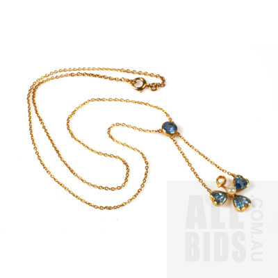 14ct Yellow Gold Cable Chain with Shamrock with Blue Topaz and a Seed Pearl, 2.9g