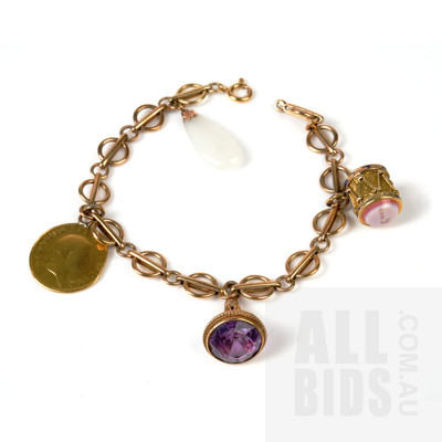 9ct Yellow Gold Fancy Link Bracelet with Charms Including Amethyst Seal, Carved Agate Seal, 22ct Gold Coin, and Quartz Drop, 25.8g