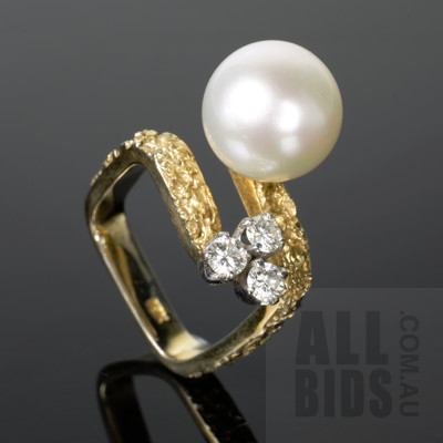 18ct Yellow Gold Ring with Round South Sea Type Cultured Pearl and Three RBC Diamonds