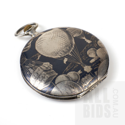 European .875 Silver and Gold Inlaid Pocket Watch with Decorative Inlaid Plane and Hot Air Balloon