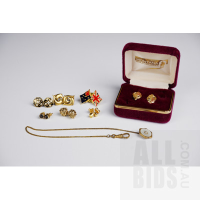 Collection of Antique and Vintage Gold Plated Jewellery, including Shell Inlaid Fob Chain and Montana Two Tone Gold Plated Earrings and More