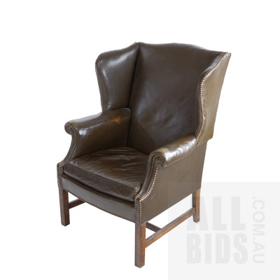 Vintage Studded Green Leather Upholstered Wingback Armchair